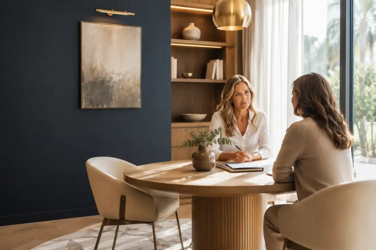 Prospective clinic owner meeting an advisor at a round table to review a franchise opportunity