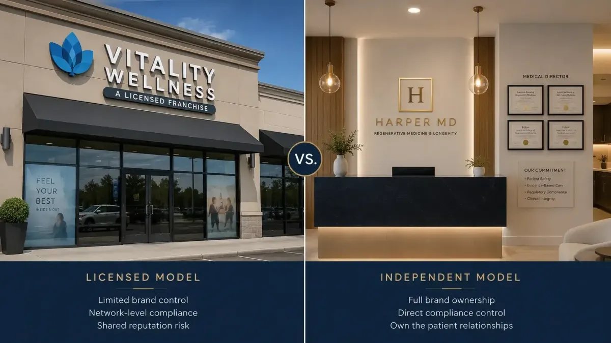 Stem cell clinic franchise network model versus independently owned clinic comparison showing brand and compliance control differences