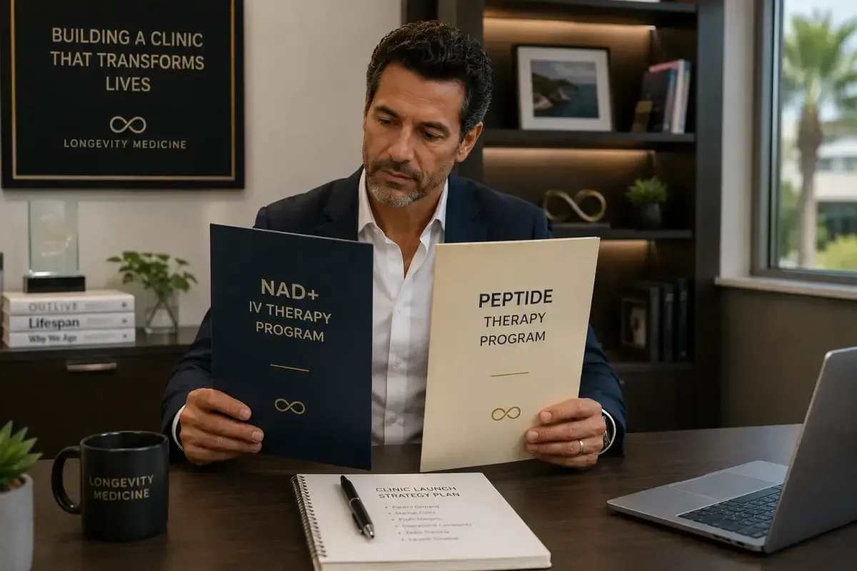 Longevity clinic entrepreneur comparing NAD+ IV therapy and peptide therapy program options during service menu planning