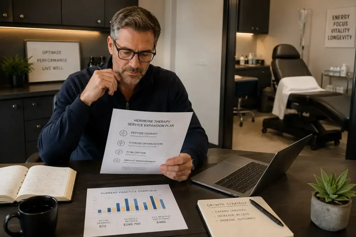 Entrepreneur reviewing TRT clinic startup budget with DEA registration paperwork and lab pricing for 2026 launch