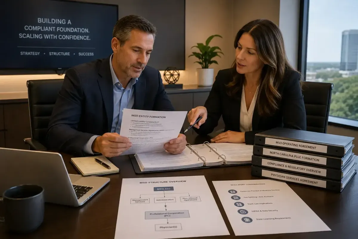 Non-physician entrepreneur and healthcare attorney reviewing MSO entity structure documents for hormone clinic ownership
