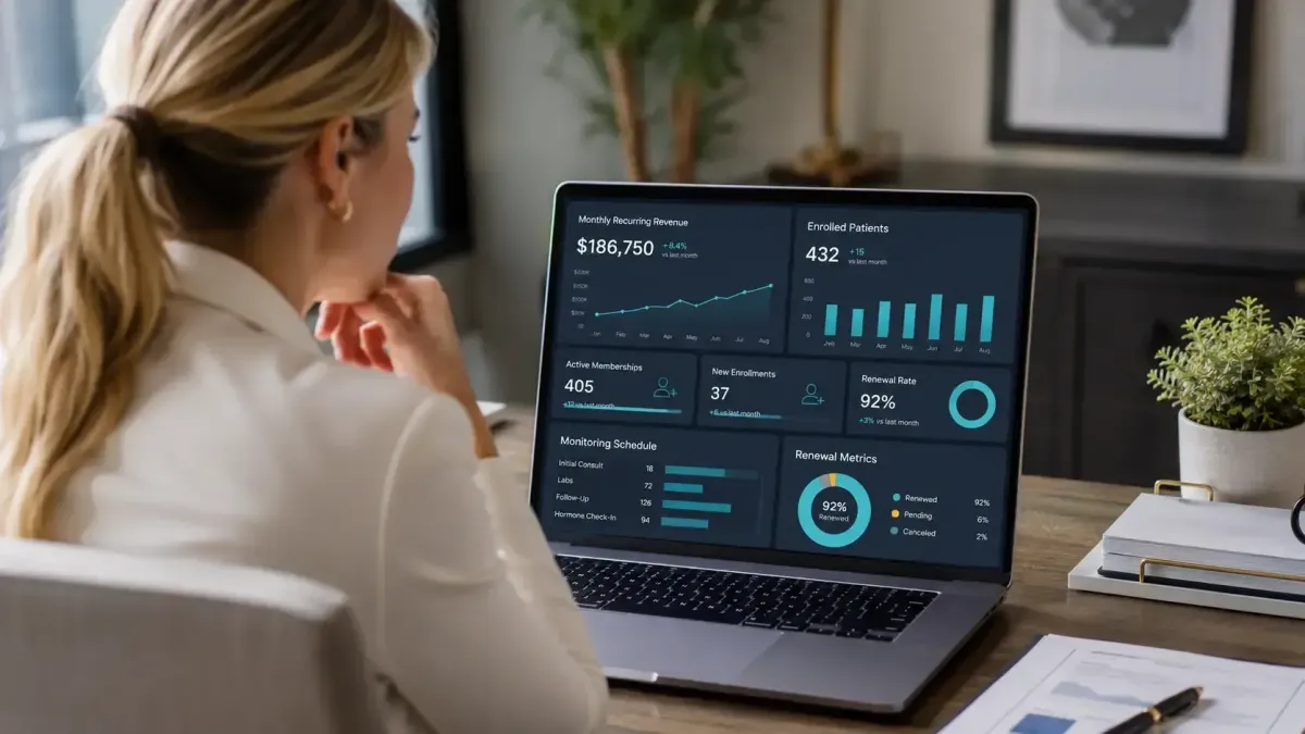 TRT clinic owner reviewing monthly recurring revenue and enrolled patient metrics on financial dashboard