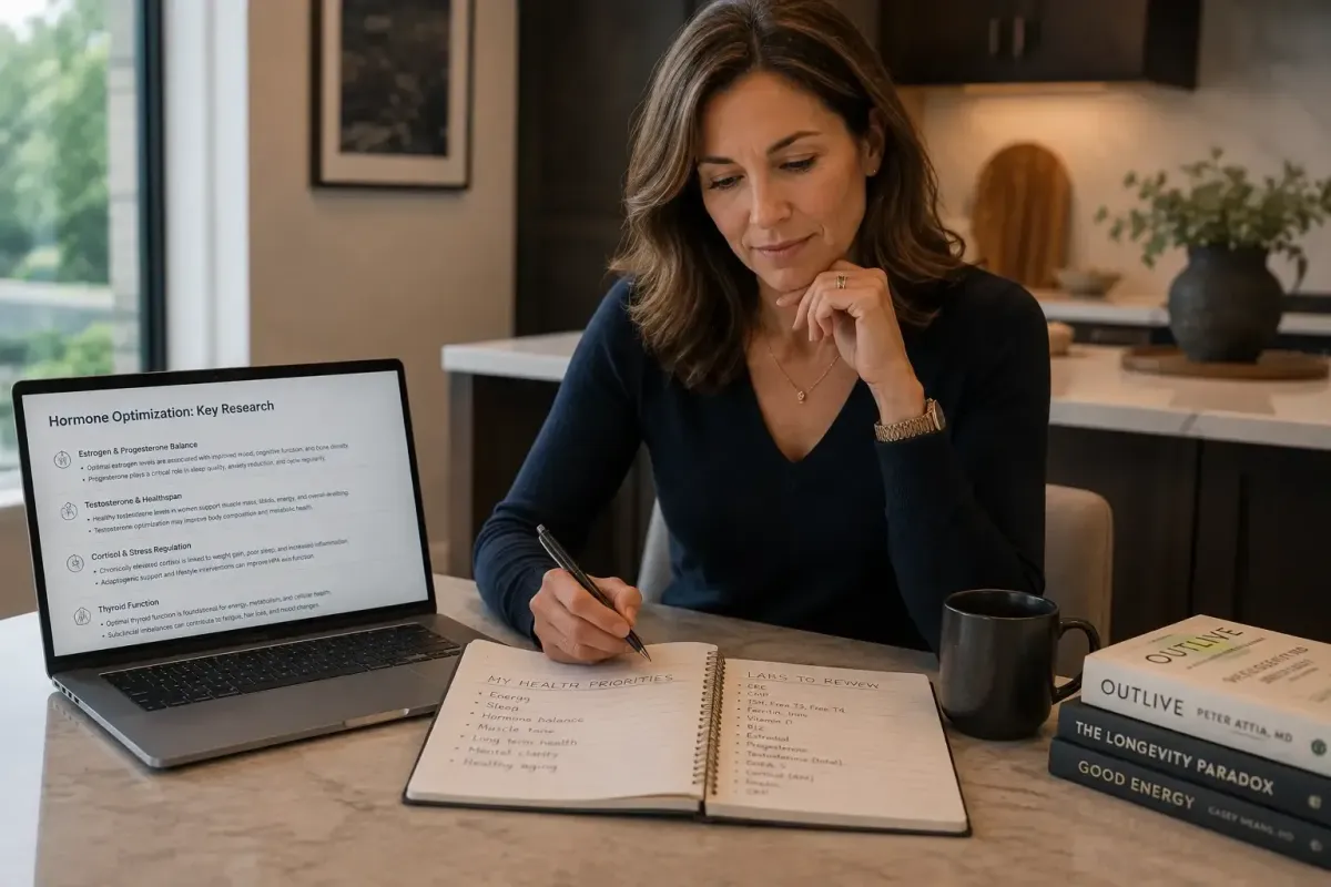 Perimenopausal woman researching hormone health options before seeking clinical care