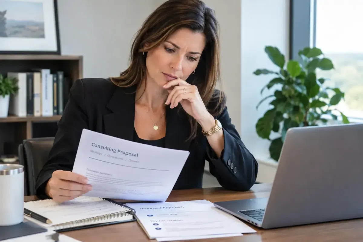 Entrepreneur evaluating a clinic consulting proposal and income claims