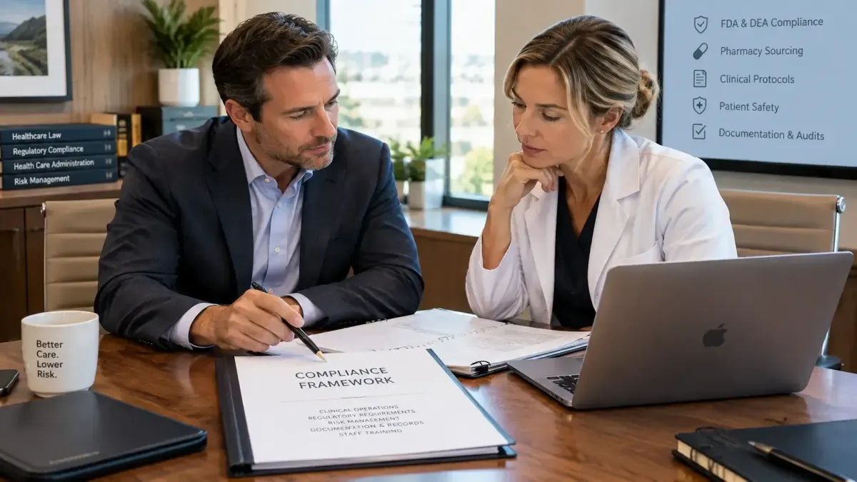 Clinic owner reviewing regenerative health clinic compliance requirements with healthcare counsel