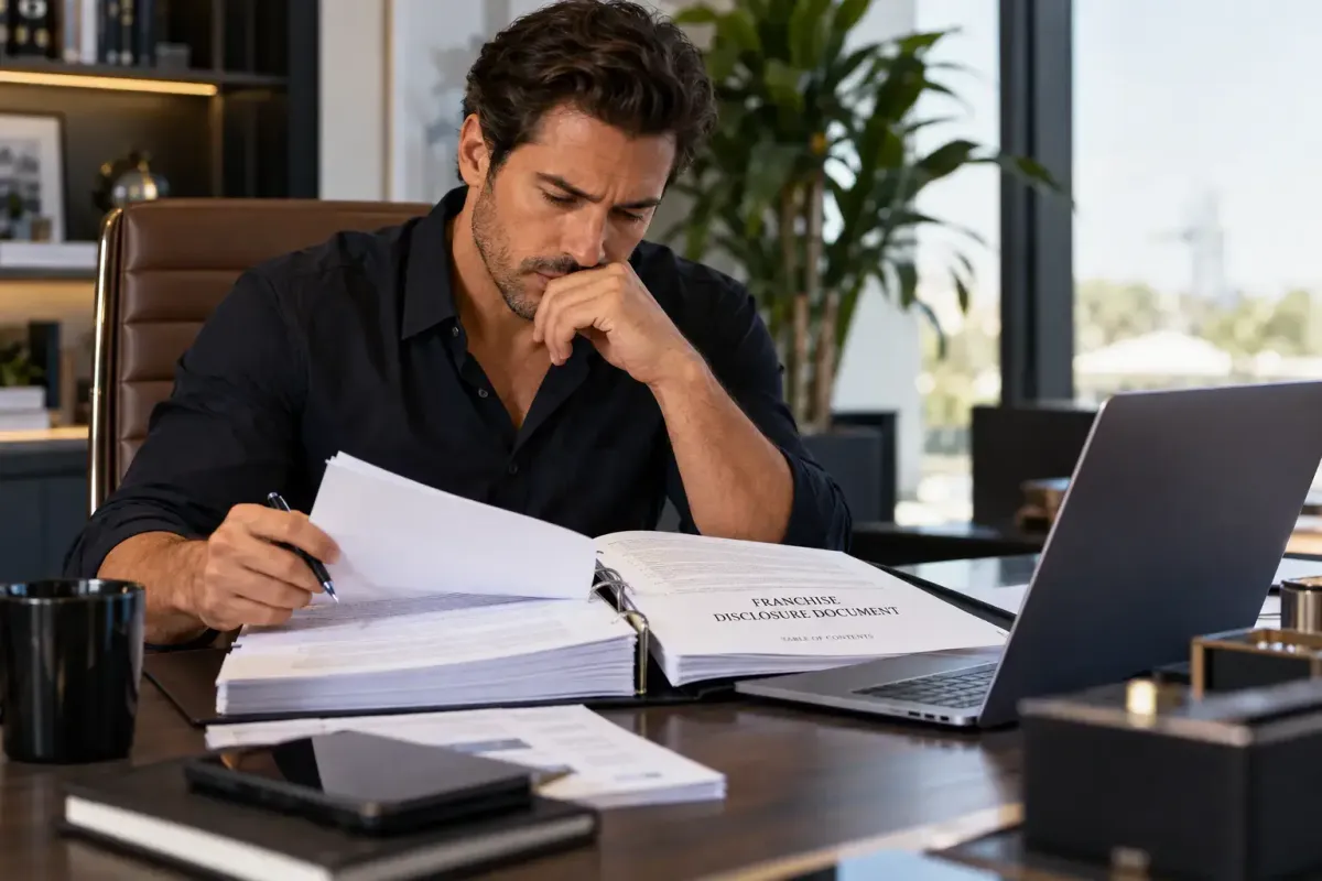 Entrepreneur reviewing a longevity clinic Franchise Disclosure Document before signing