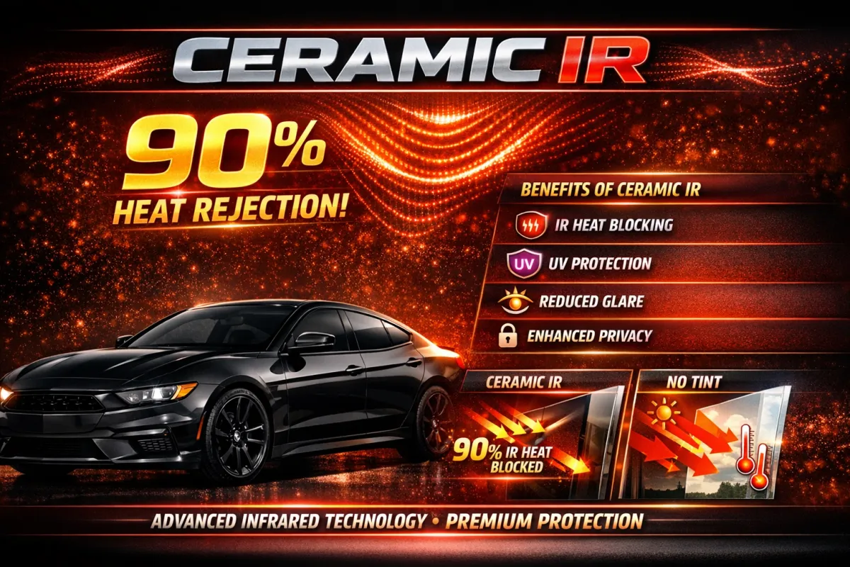 Ceramic IR window tint advertisement highlighting 90% heat rejection, benefits including UV protection, glare reduction, and enhanced privacy, alongside a sleek black car image.