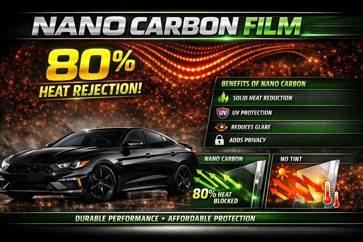 Nano carbon window tint advertisement featuring a sleek black car, highlighting 80% heat rejection, UV protection, glare reduction, and privacy enhancement benefits.