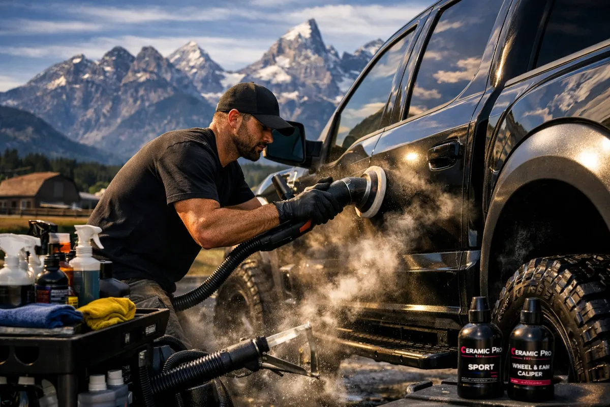 Man polishing a black vehicle with a machine polisher, surrounded by detailing products, against a backdrop of mountains, illustrating luxury auto detailing services by VIVE Auto Styling.