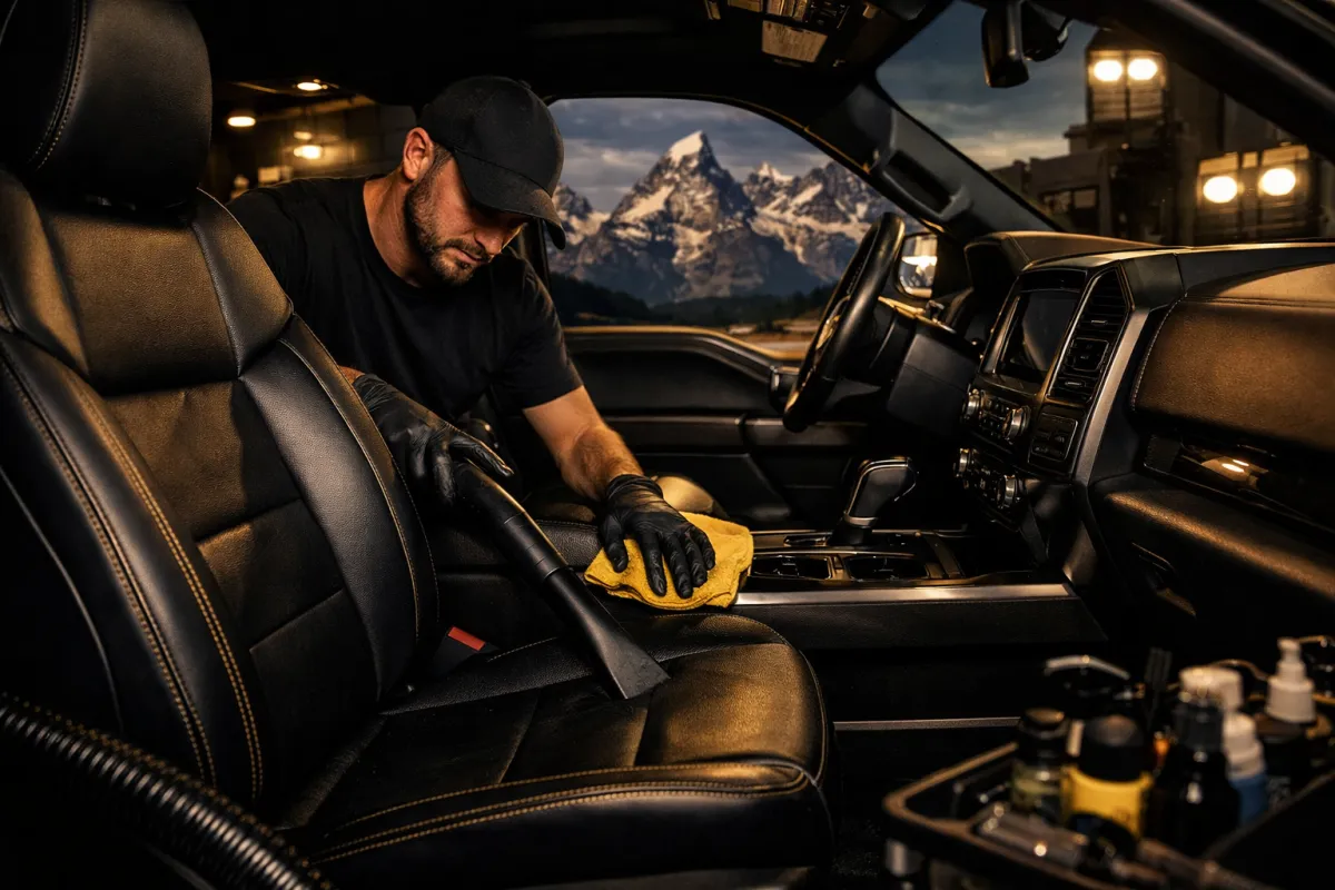 Auto detailer cleaning black leather seats with professional-grade products in vehicle interior, emphasizing quality care and attention to detail.