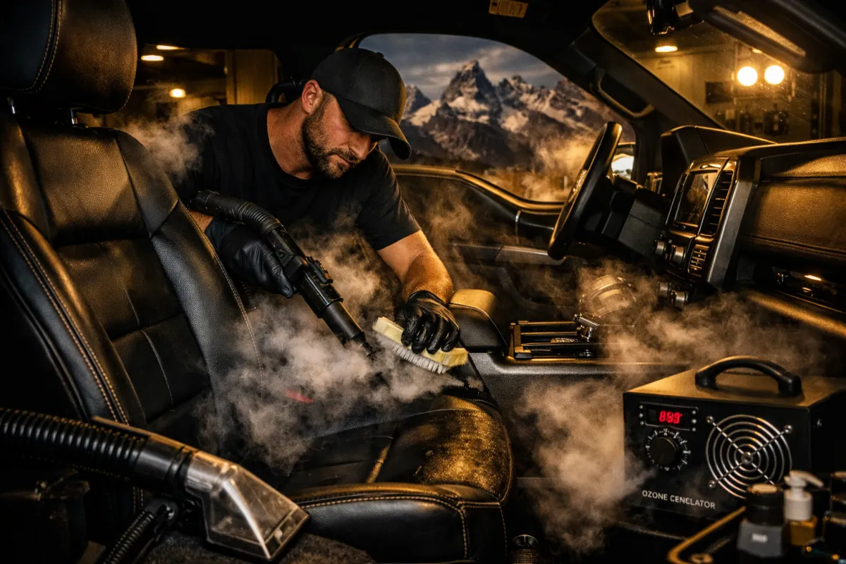 Auto detailing professional using steam cleaning equipment on leather seats, with ozone generator in the foreground, emphasizing thorough interior cleaning for vehicles.
