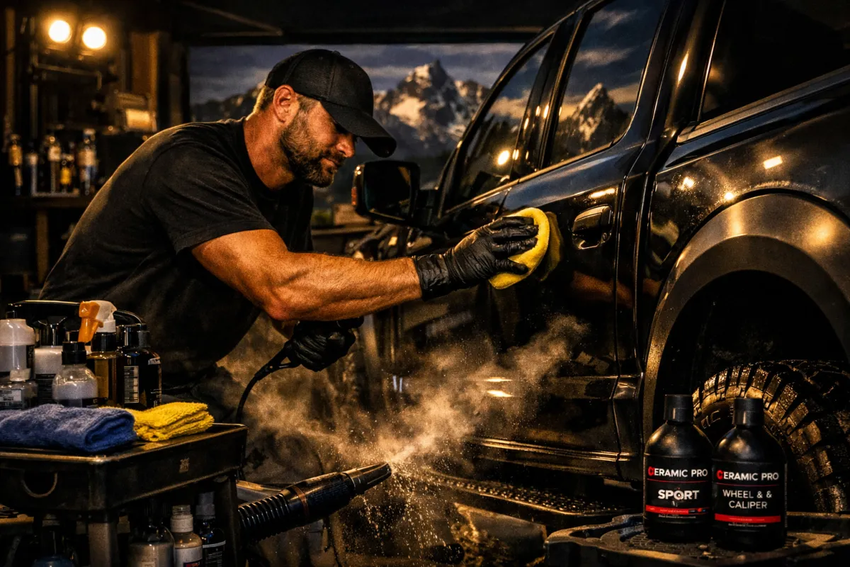 Auto detailing professional applying Ceramic Pro coatings on a black vehicle in a well-equipped studio, showcasing premium exterior care and protection.