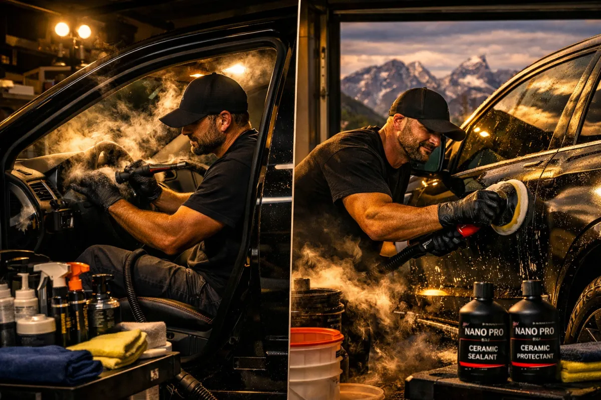 Auto detailing professional cleaning vehicle interior and exterior, using steam and polishing tools, with detailing products visible in a garage setting.