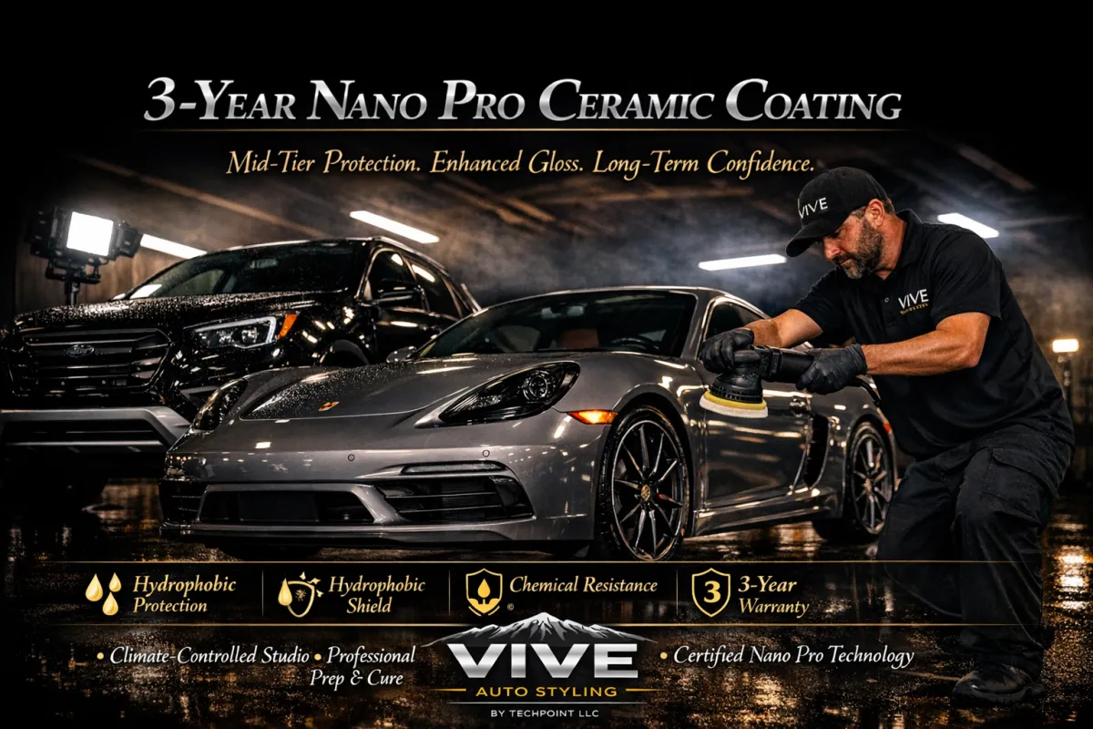 3-Year Nano Pro Ceramic Coating promotional image featuring a technician applying ceramic coating to a silver vehicle, highlighting hydrophobic protection, chemical resistance, and a 3-year warranty, with VIVE Auto Styling branding.