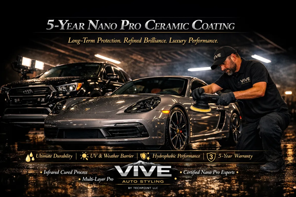 5-Year Nano Pro Ceramic Coating application, showcasing vehicle detailing with a focus on luxury performance, durability, and hydrophobic properties, in a professional studio setting.