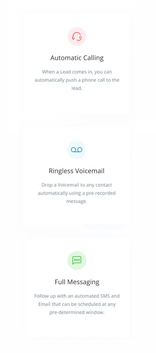 Business automation features including automatic calling, ringless voicemail, and full messaging with scheduling.