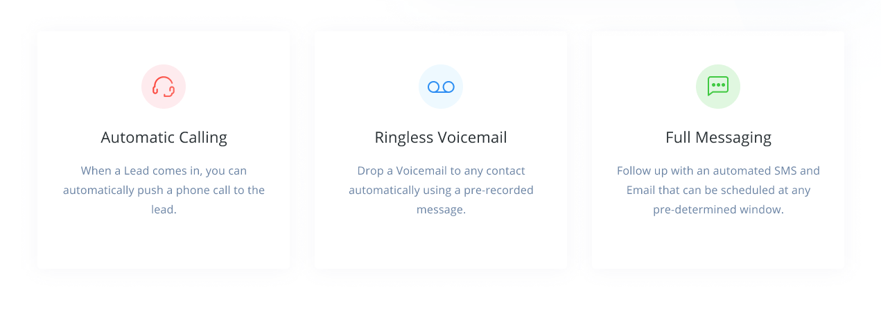 Three feature boxes showing Automatic Calling, Ringless Voicemail, and Full Messaging with icons and descriptions.