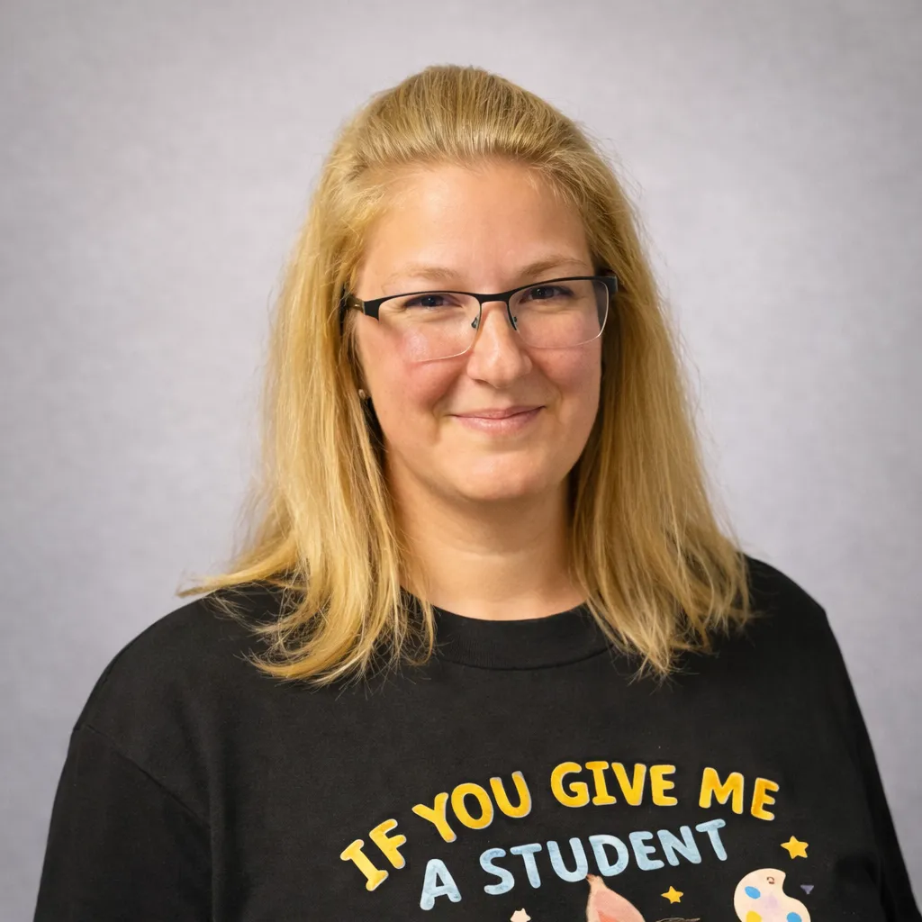 Studio-style portrait of director Karyn Morrow, calm and approachable, smiling gently against a neutral background.