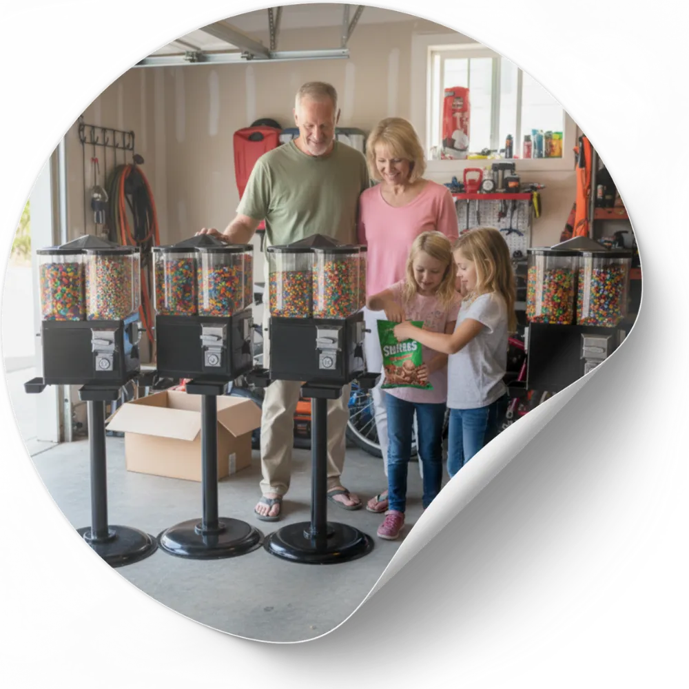 Husband and wife in late 50s unboxing new candy machines. Two of their granddaughters are holding a bag of Skittles candy and are about to pour the candy into the machine.