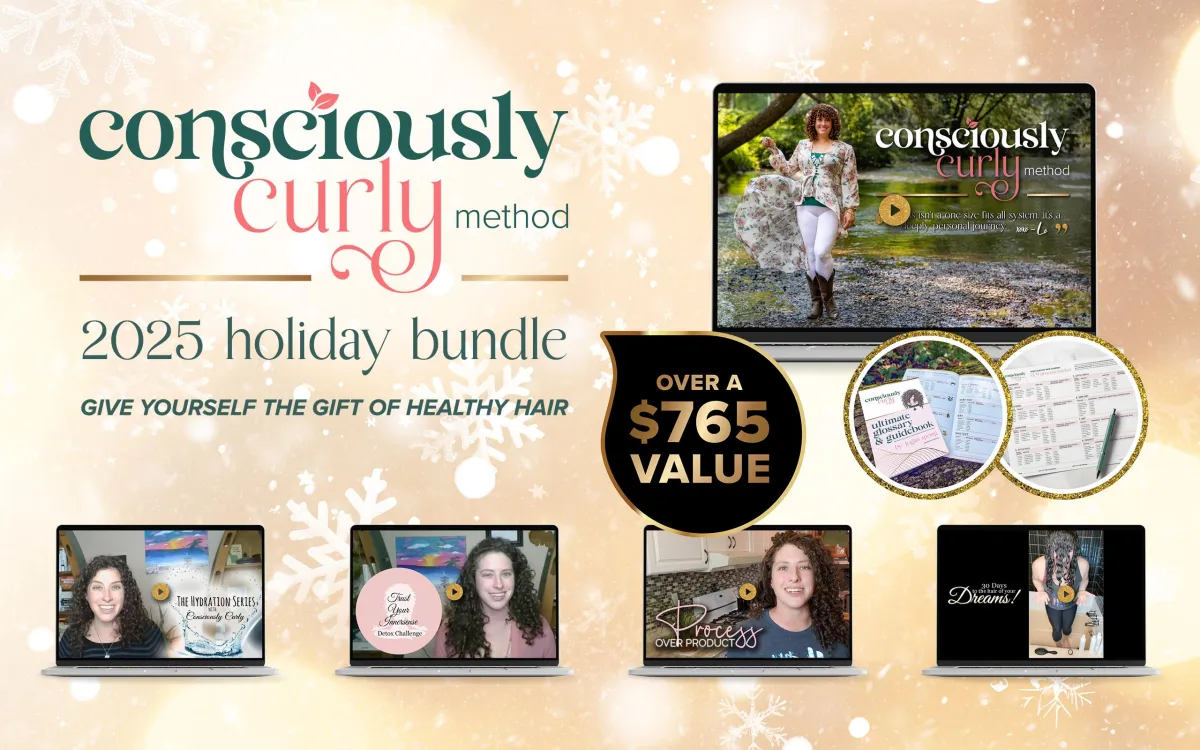 Photo shows a picture of Lo with the Consciously Curly Method logo, and a quote that says "This isn't a one-size-fits-all system. It's a deeply personal journey." xoxo - Lo