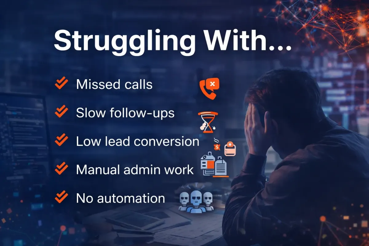 Business struggling with missed calls, slow follow-ups, low lead conversion, manual admin work, and lack of automation — AI automation solutions by DR3AM Systems
