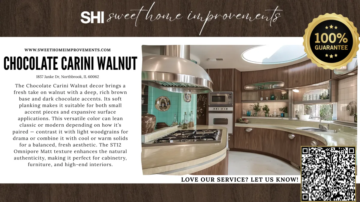 Chocolate Carini Walnut, Carini Walnut Northbrook IL, Sweet Home Improvements cabinetry, chocolate brown walnut finish Chicago suburbs, ST12 Omnipore Matt, modern walnut decor