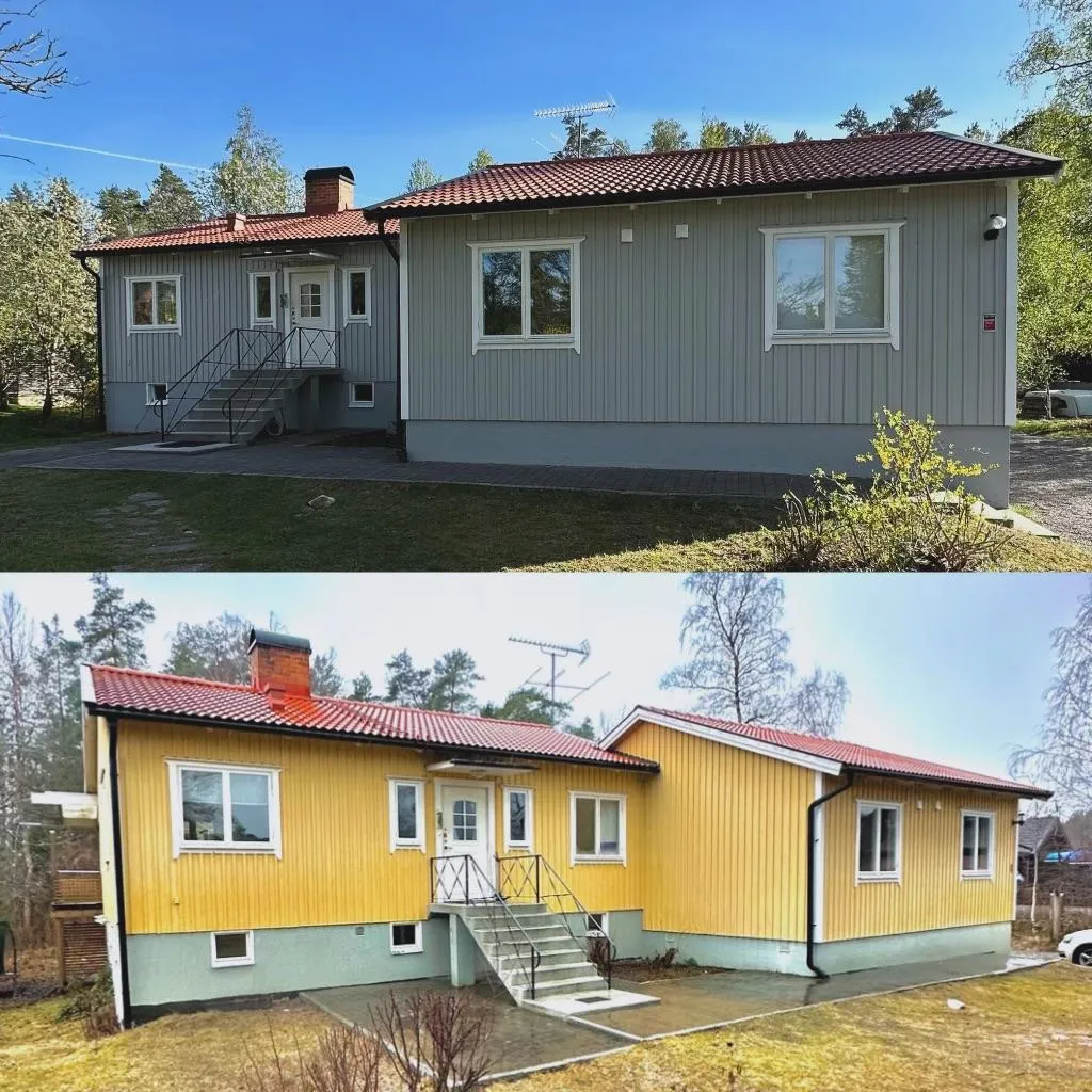 Ett montage av 4 olika bilder från före och efter som ett hus som precis fått en fasadmålning. Färgen var innan gul på hela huset och har blivit nymålat til ljusgrå.