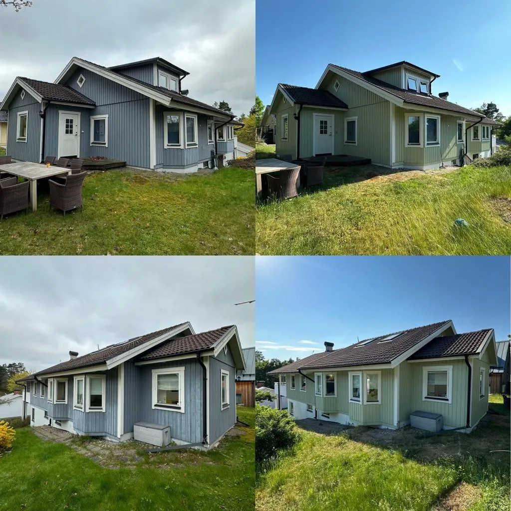 Ett montage av 4 olika bilder från före och efter som ett hus som precis fått en fasadmålning. Färgen var innan gul på hela huset och har blivit nymålat til ljusgrå.