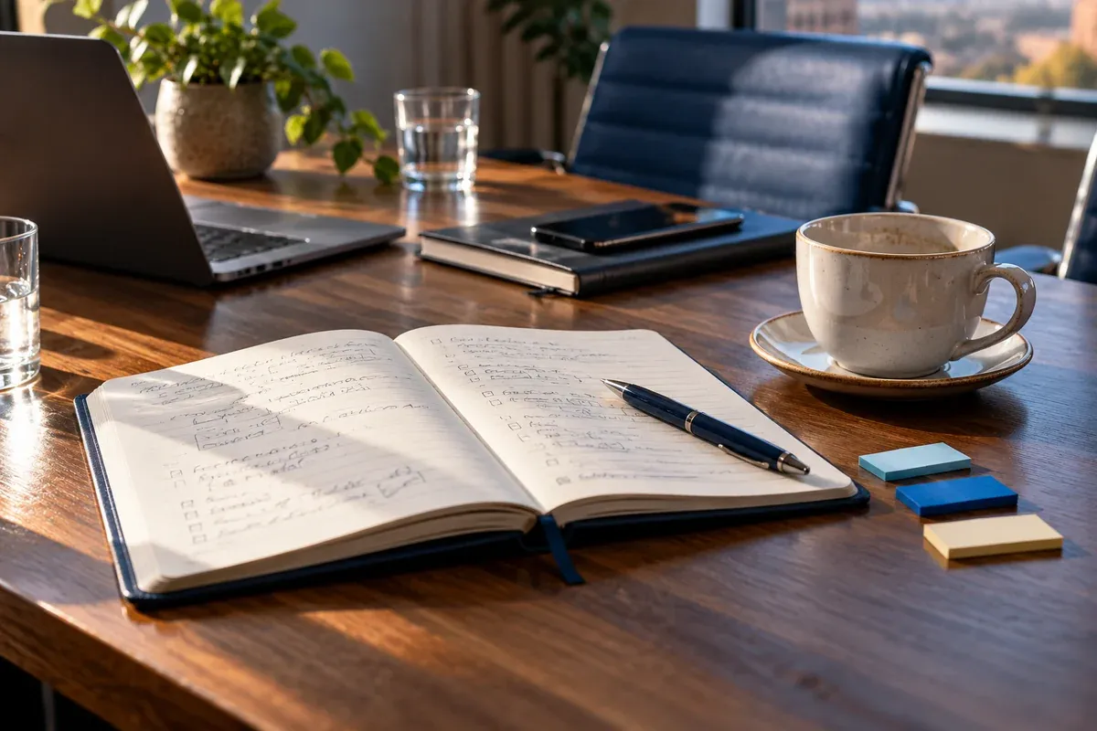 A meeting notebook and three small numbered-free action tabs beside an empty coffee cup, candid side-lit composition at the end of a meeting.