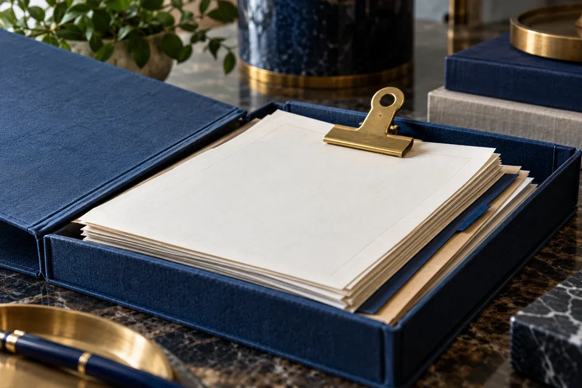A single brass clip securing decision sheets in a sturdy archival folder, cool museum-quality document preservation close-up. AI-generated editorial illustration.