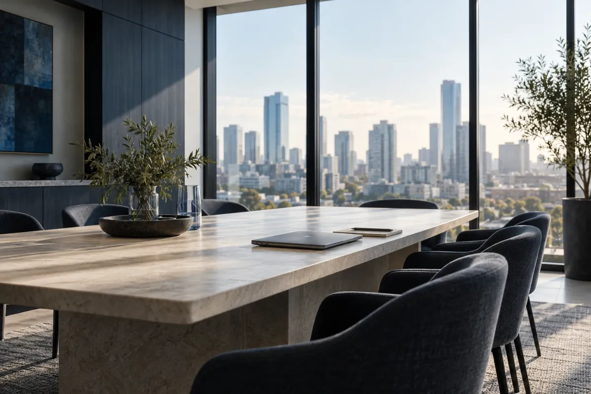 Contemporary meeting room with a clear table and navy chairs.