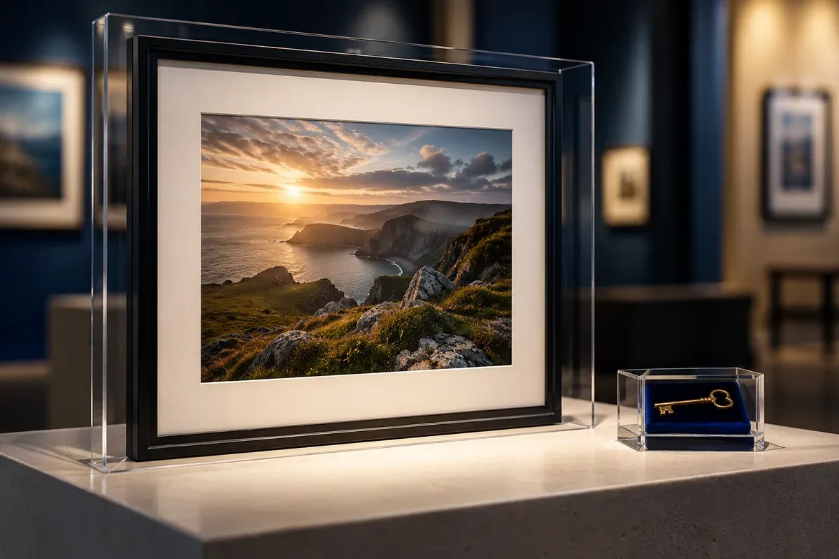 A framed unbranded photograph behind a thin transparent protective cover and a small permission key beside it, refined gallery lighting.