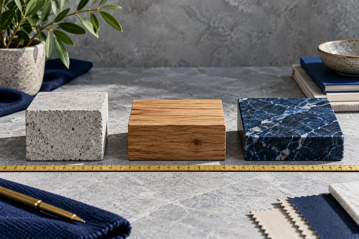 Three physically distinct sample items laid along the same straight measuring line, neutral grey stone and crisp noon light.