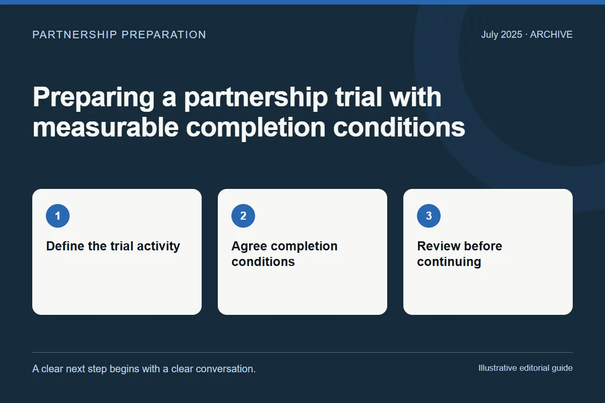 July 2025: Preparing a partnership trial with measurable completion conditions