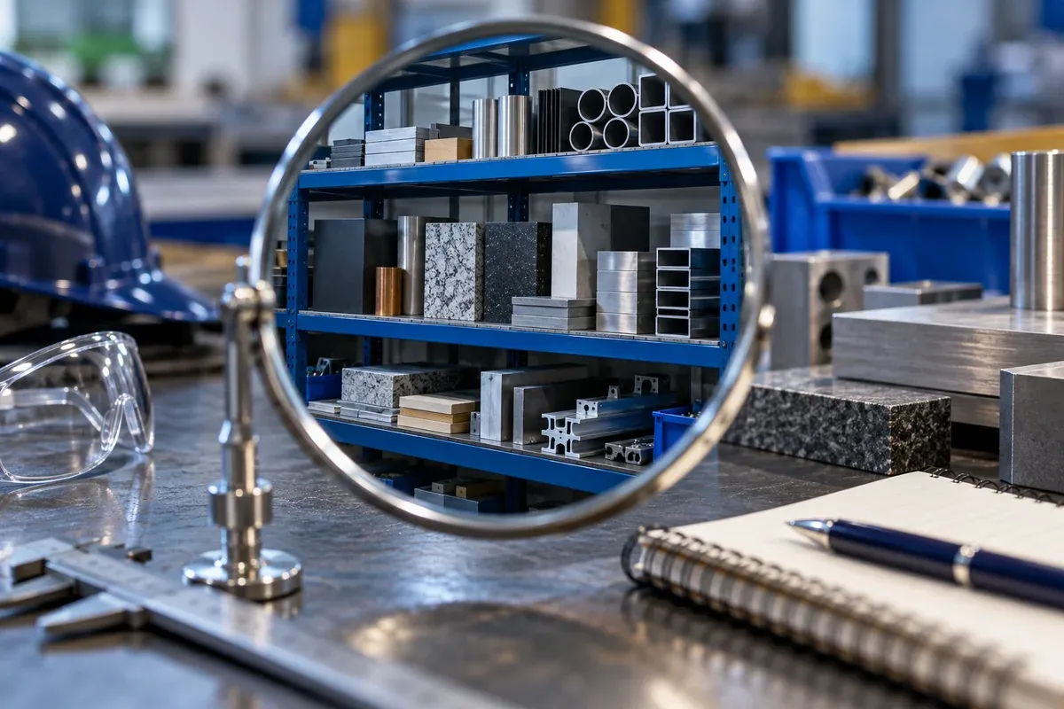 An organised industrial sample rack viewed through an inspection mirror with a small review notebook, cool realistic workshop light.