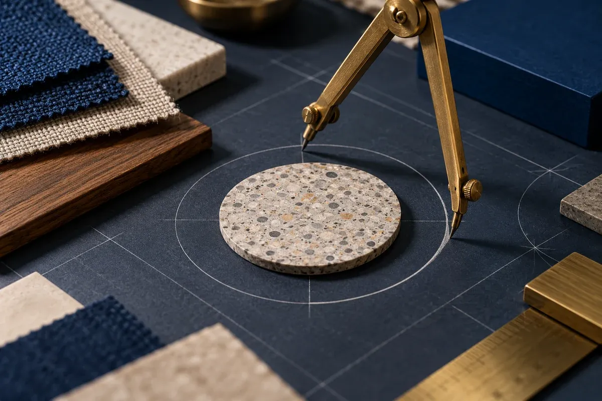 A brass drafting compass draws one precise circle around a material sample, dark paper with pale geometric marks, focused studio lighting.