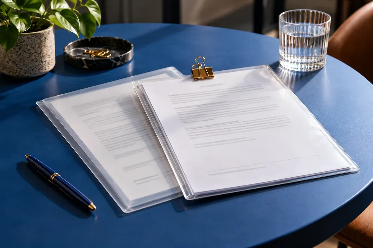 Two transparent document sleeves overlap on a round blue surface while a small secure clip holds the agreed copy, detailed oblique shot.