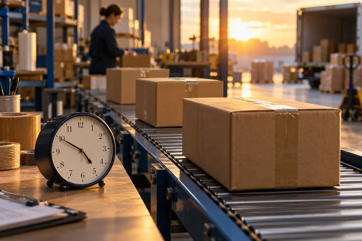Unmarked parcels at successive stages on a short packing conveyor, a plain small clock in foreground, industrial golden-hour light.