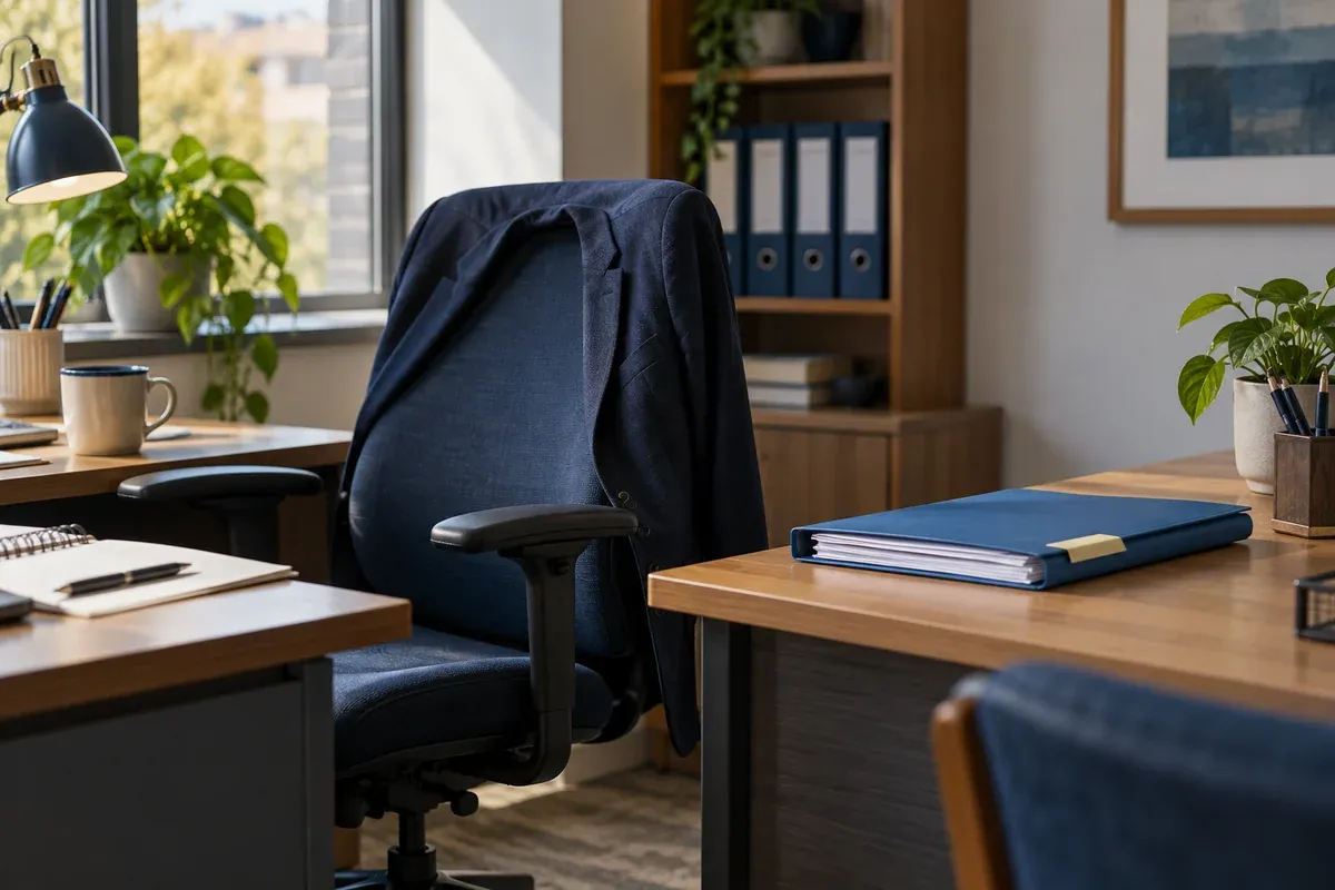 An empty office chair beside a neatly passed enquiry folder on a second occupied-free desk, quiet humane documentary atmosphere.
