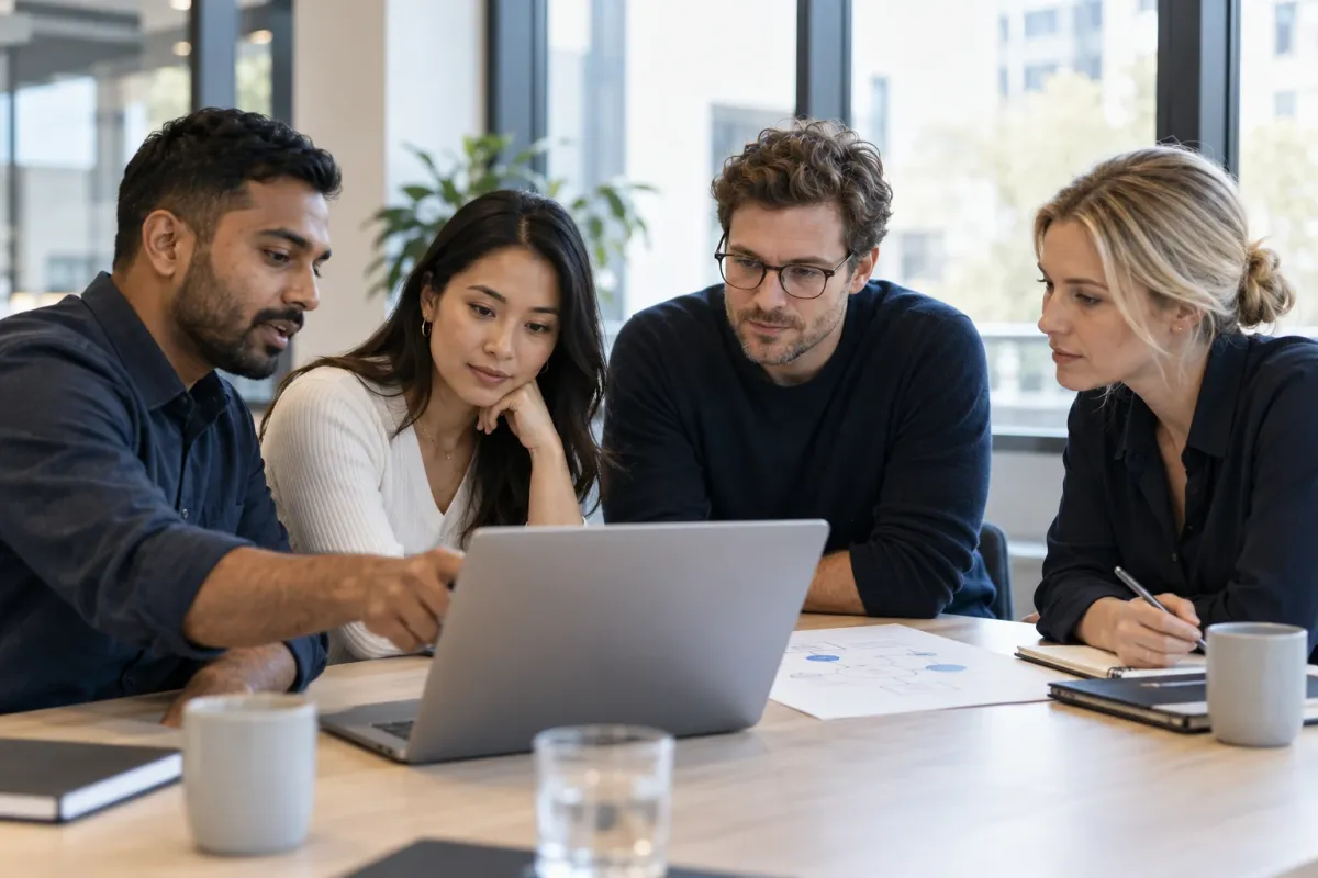 Business colleagues discussing a project around a laptop.
