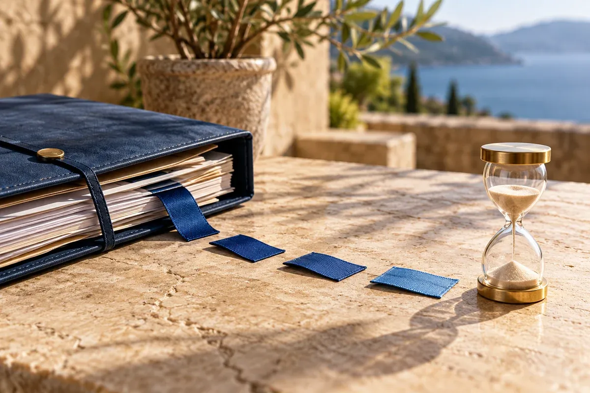 A short row of blue ribbon bookmarks leads from an enquiry folder to a small sand timer, summer afternoon shadows across warm stone.