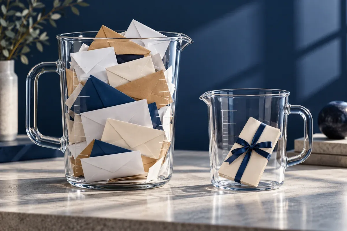 Two different translucent measuring vessels, one holds loose enquiry envelopes and the other a single tied agreement-free action packet, clean studio.