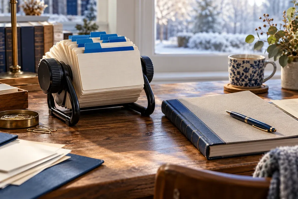 A compact rotating card index with blue open-action dividers and a bound neutral register, winter morning tabletop.