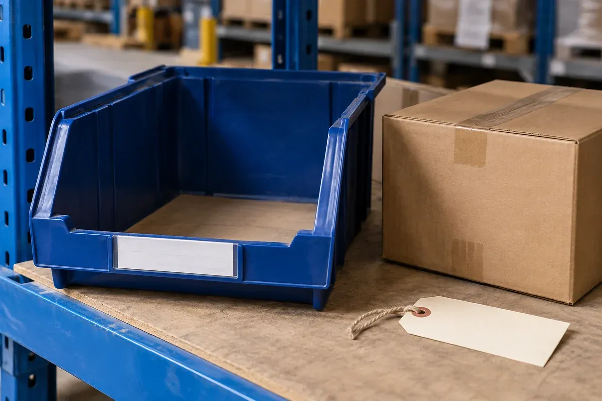 A nearly empty warehouse picking bin next to a closed unbranded stock box and a plain enquiry tag, honest uncluttered photography.