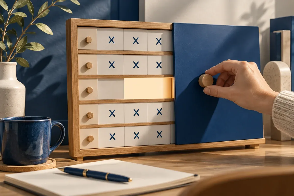 A sliding availability screen reveals one clear open space on a simple physical appointment board, contemporary cobalt and cream sculptural scene.