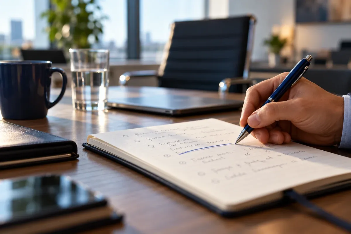 A single handwritten-style abstract action line being underlined in a notebook while an empty meeting chair blurs behind, documentary close-up.