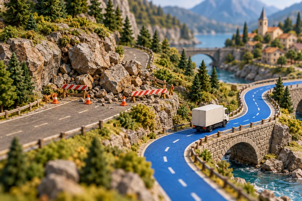A miniature road with a blocked lane and a clearly prepared alternate blue route for an unmarked delivery vehicle, elegant model landscape.