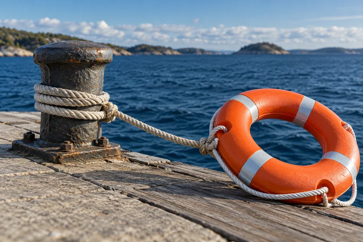 An orange life buoy with its rope securely tied to a bollard on a quiet pier, navy water, the rope visibly connects responsibility to a practical safeguard.