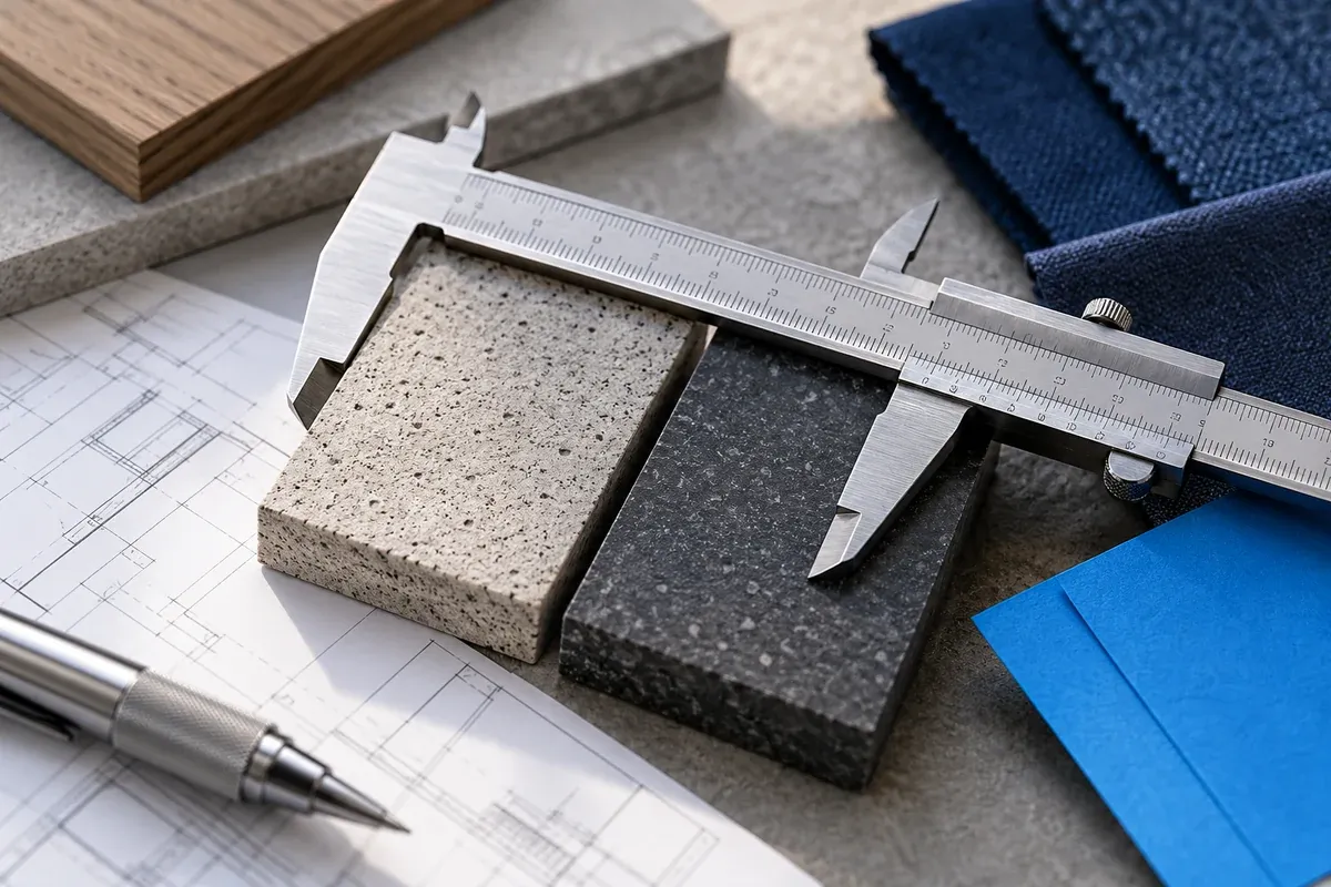Two colour-neutral material samples sit under the same measuring caliper beside a blue revision slip, technical macro still life.