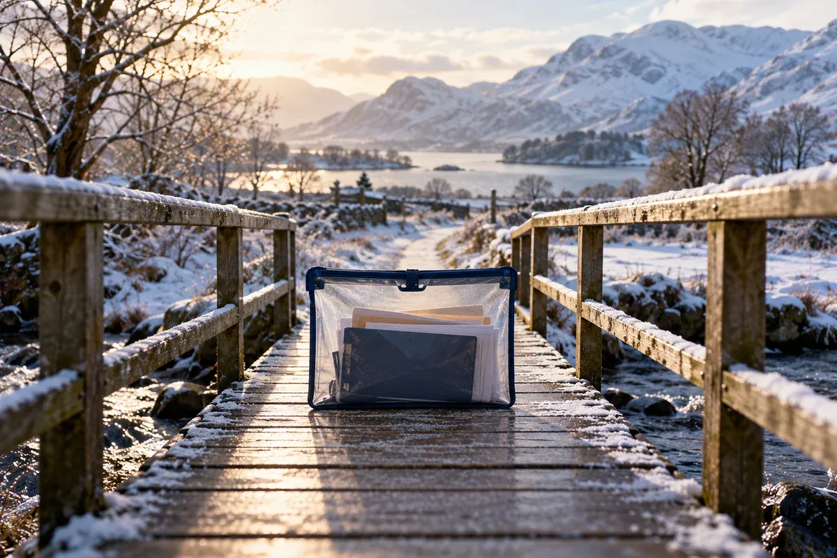 A sealed transparent handover pouch travels across a narrow timber footbridge, one continuing path, quiet winter landscape.